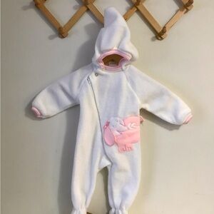 Vintage Fleece Hooded and Footed Baby Bunting White with Pink Trim and Pink 3D E